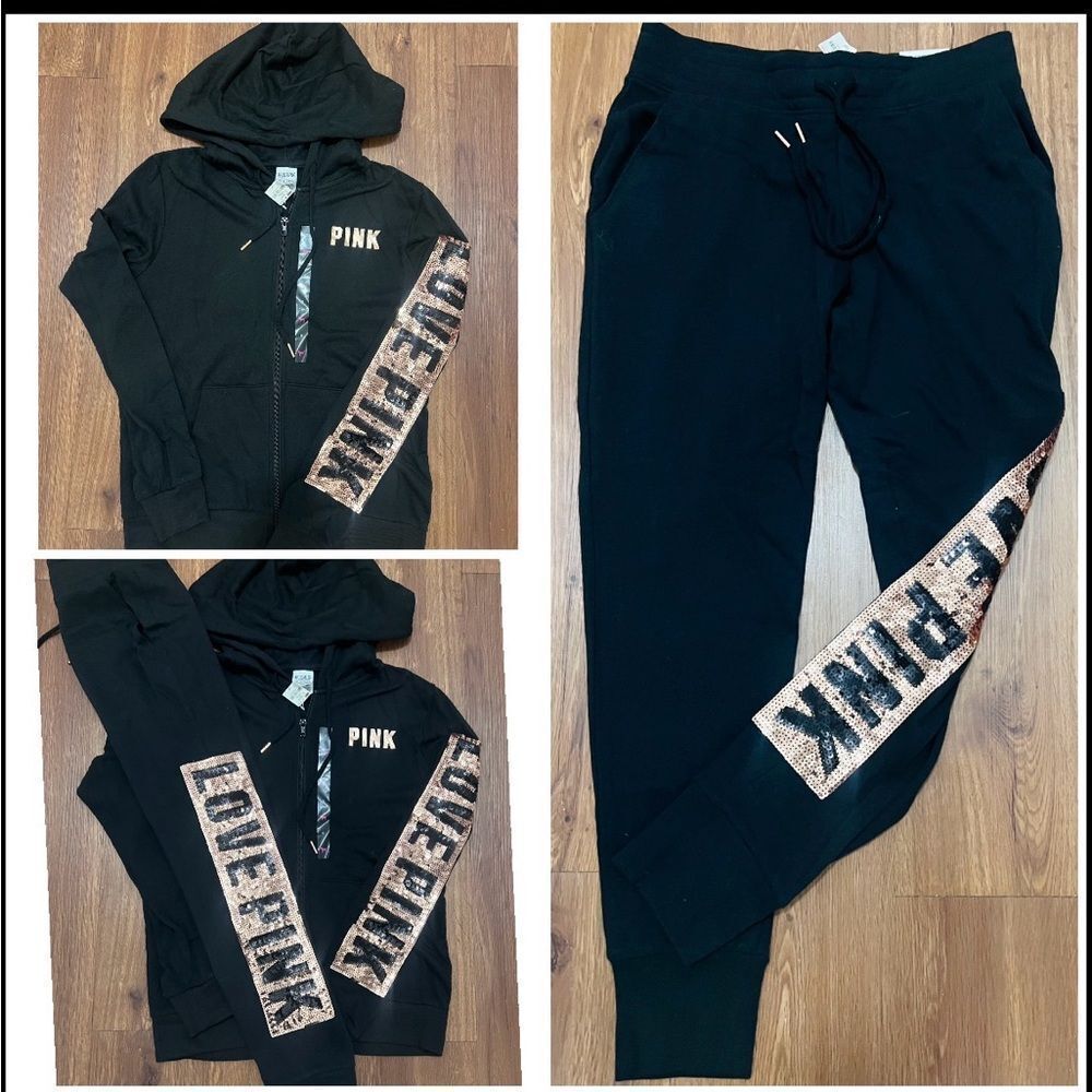 VS PINK ROSEGOLD LOVE BLING HOODIE / JOGGERS OUTFIT S NWT